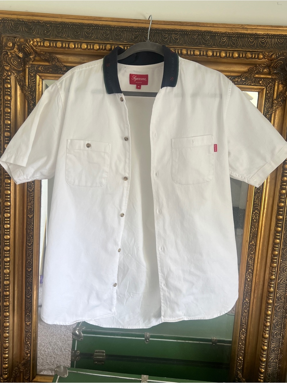 Supreme White Short-Sleeve Work Shirt with Blue Knit Collar